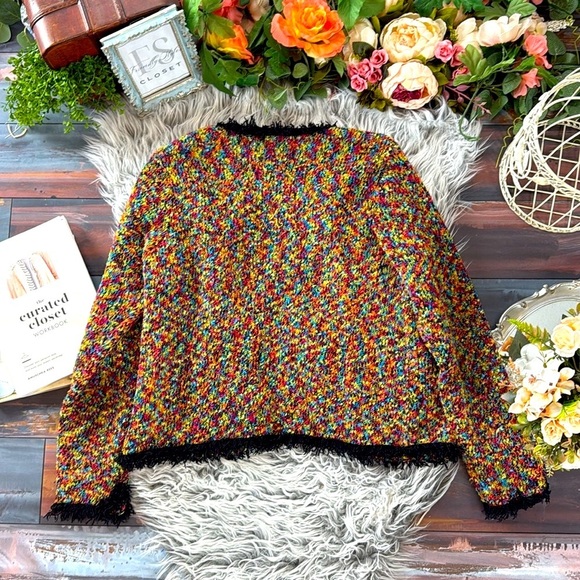 Christine Rotelli Multicolor Boucle Knit Fringe Trim Sweater Artistic Designer - Picture 8 of 10